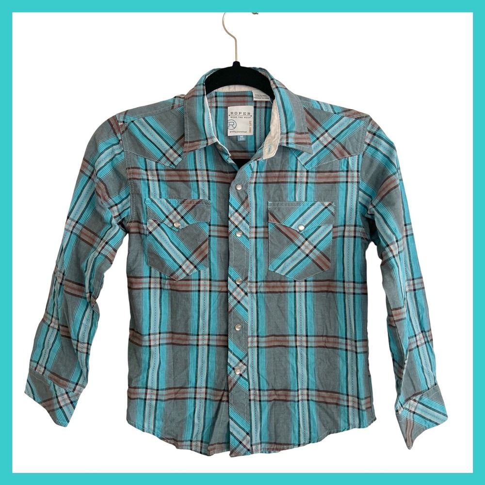 Roper Kids Plaid Western Snap Button Shirt Turquoise Brown Grey Size M 8-10